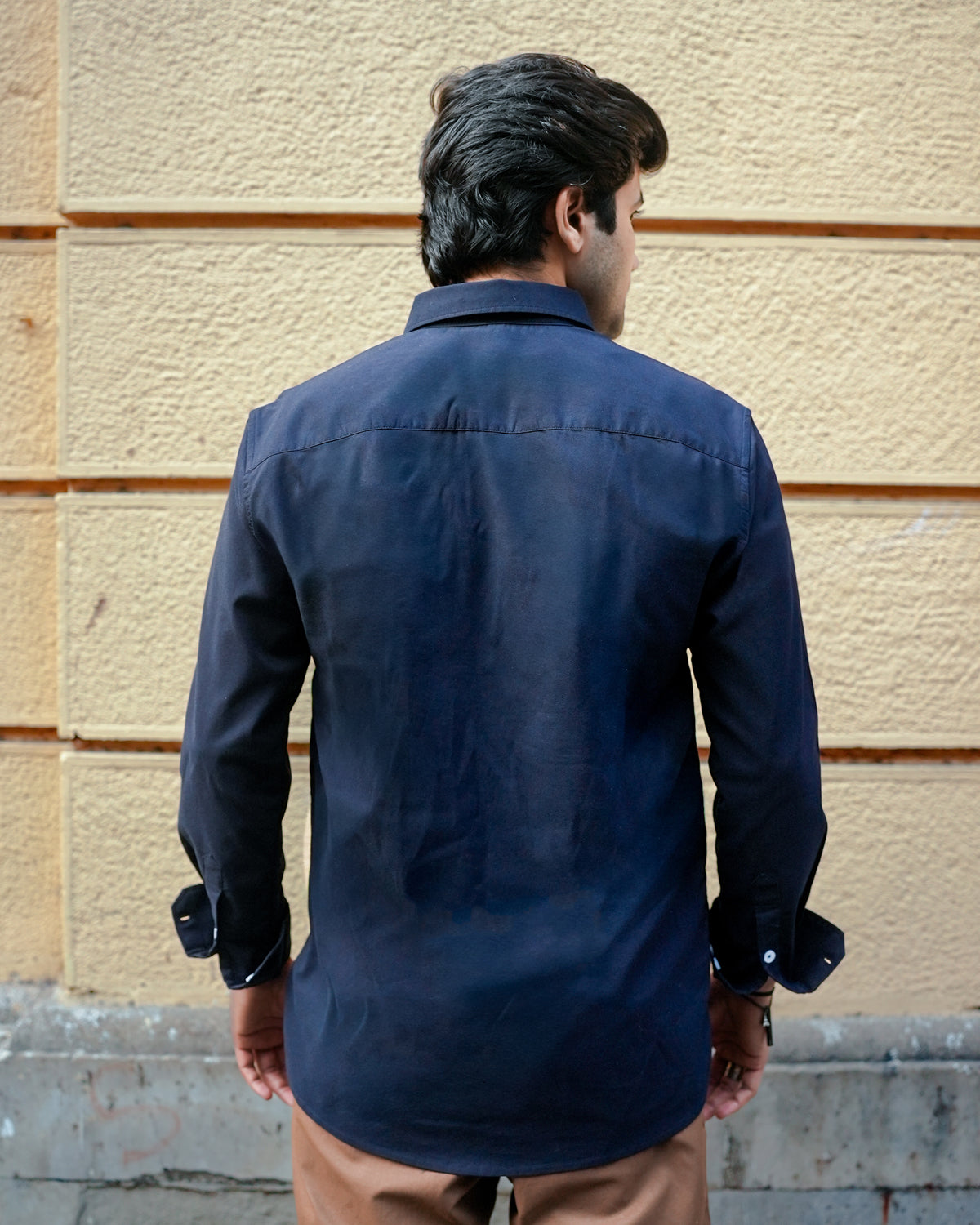 Navy Solid Polyester-Lycra Blend Regular Fit Shirt