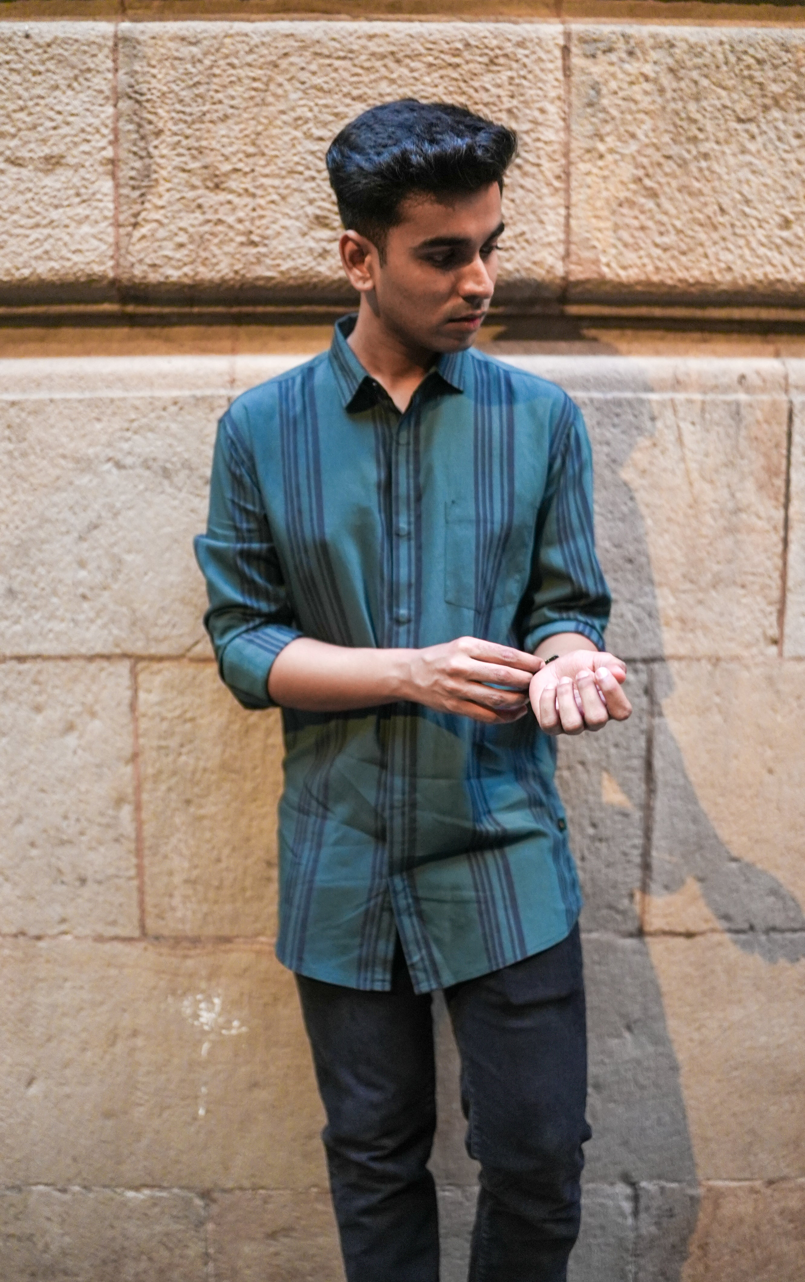 Teal Striped Poly Viscose Regular Fit Shirt