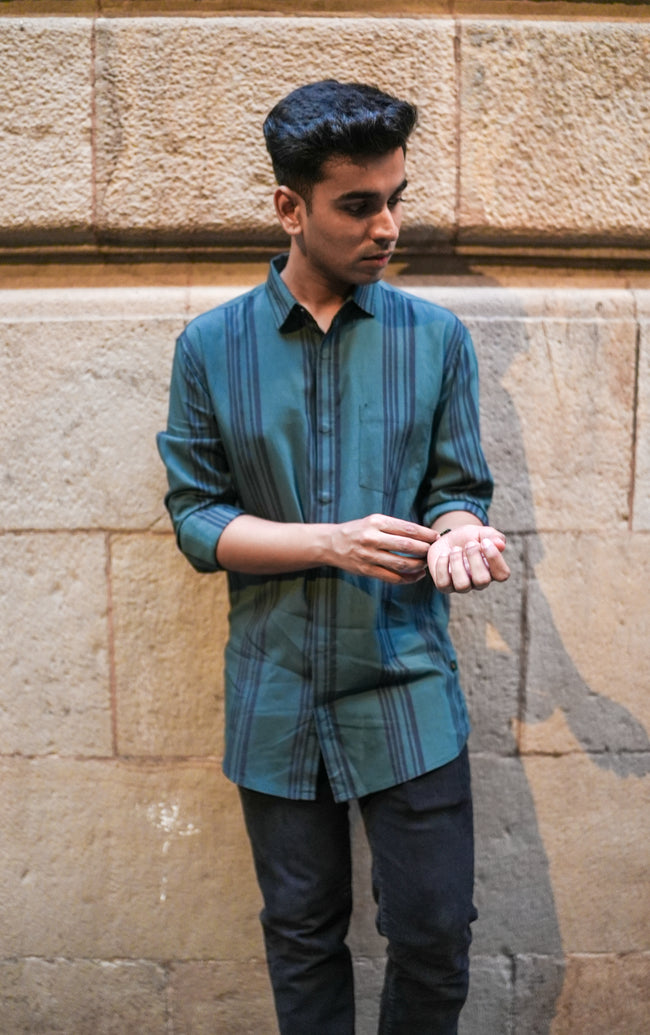 Teal Striped Poly Viscose Regular Fit Shirt