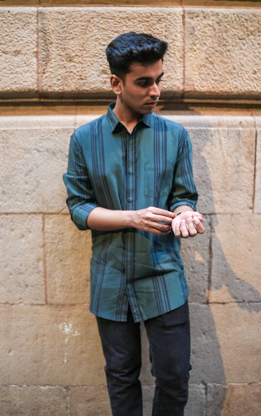 Teal Striped Poly Viscose Regular Fit Shirt