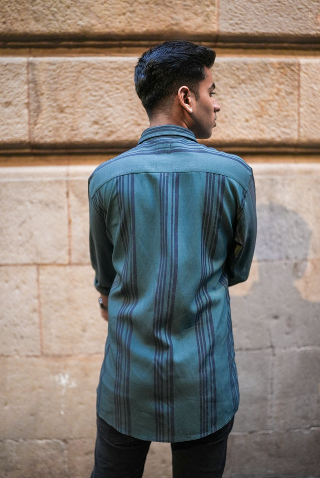 Teal Striped Poly Viscose Regular Fit Shirt