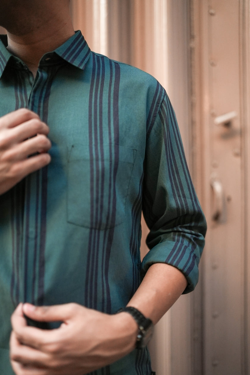 Teal Striped Poly Viscose Regular Fit Shirt