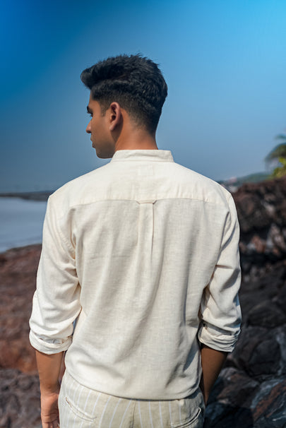 Off White Solid Linen Blend Mandarin Collar Shirt