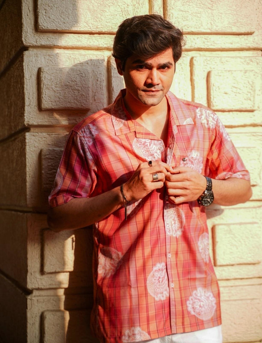 Orange Pink Plaid Polyester Regular Fit Shirt