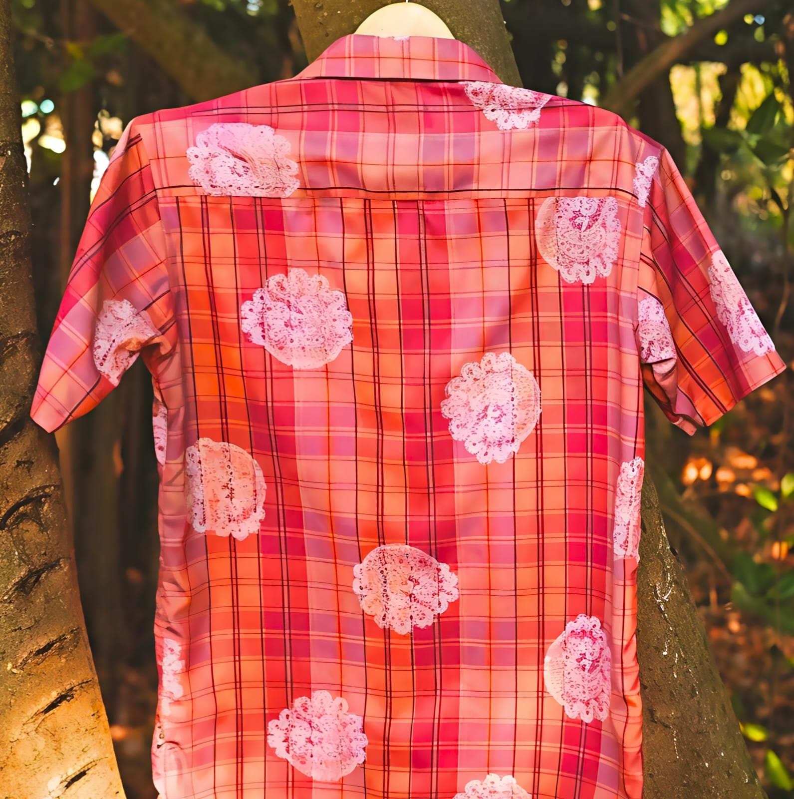 Orange Pink Plaid Polyester Regular Fit Shirt