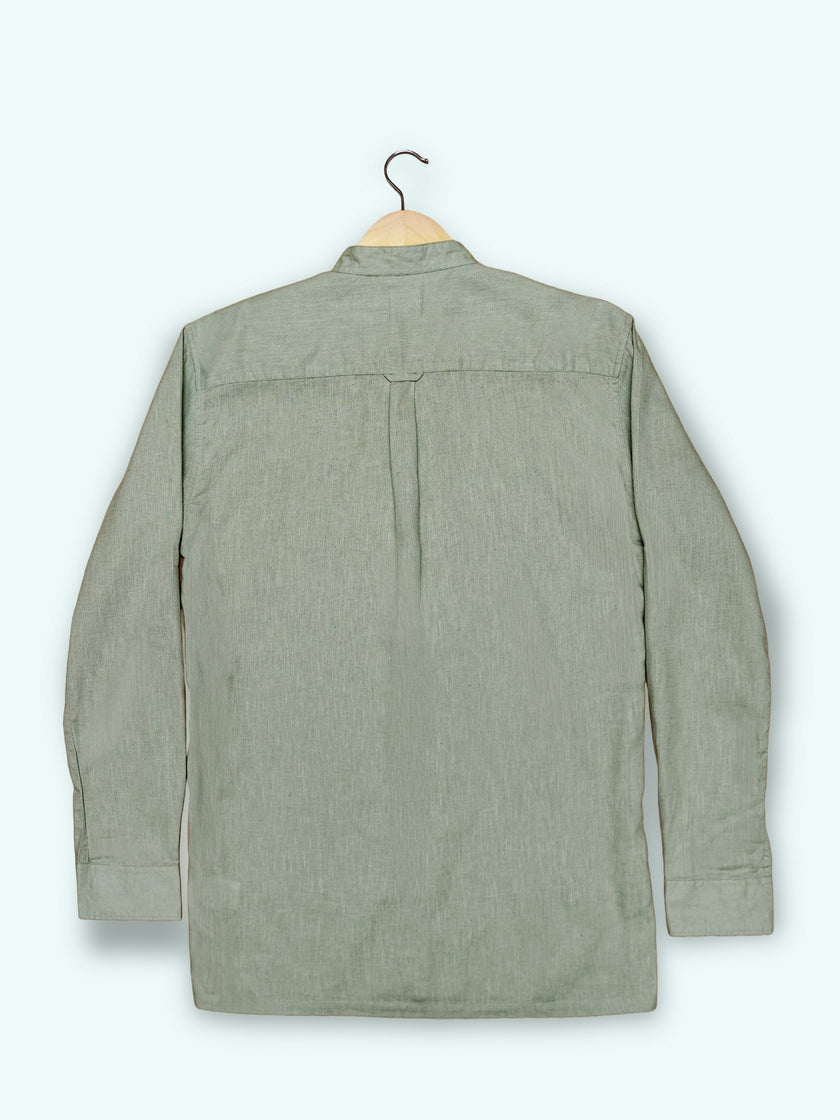 Mint Green Solid Linen Blend Mandarin Collar Shirt