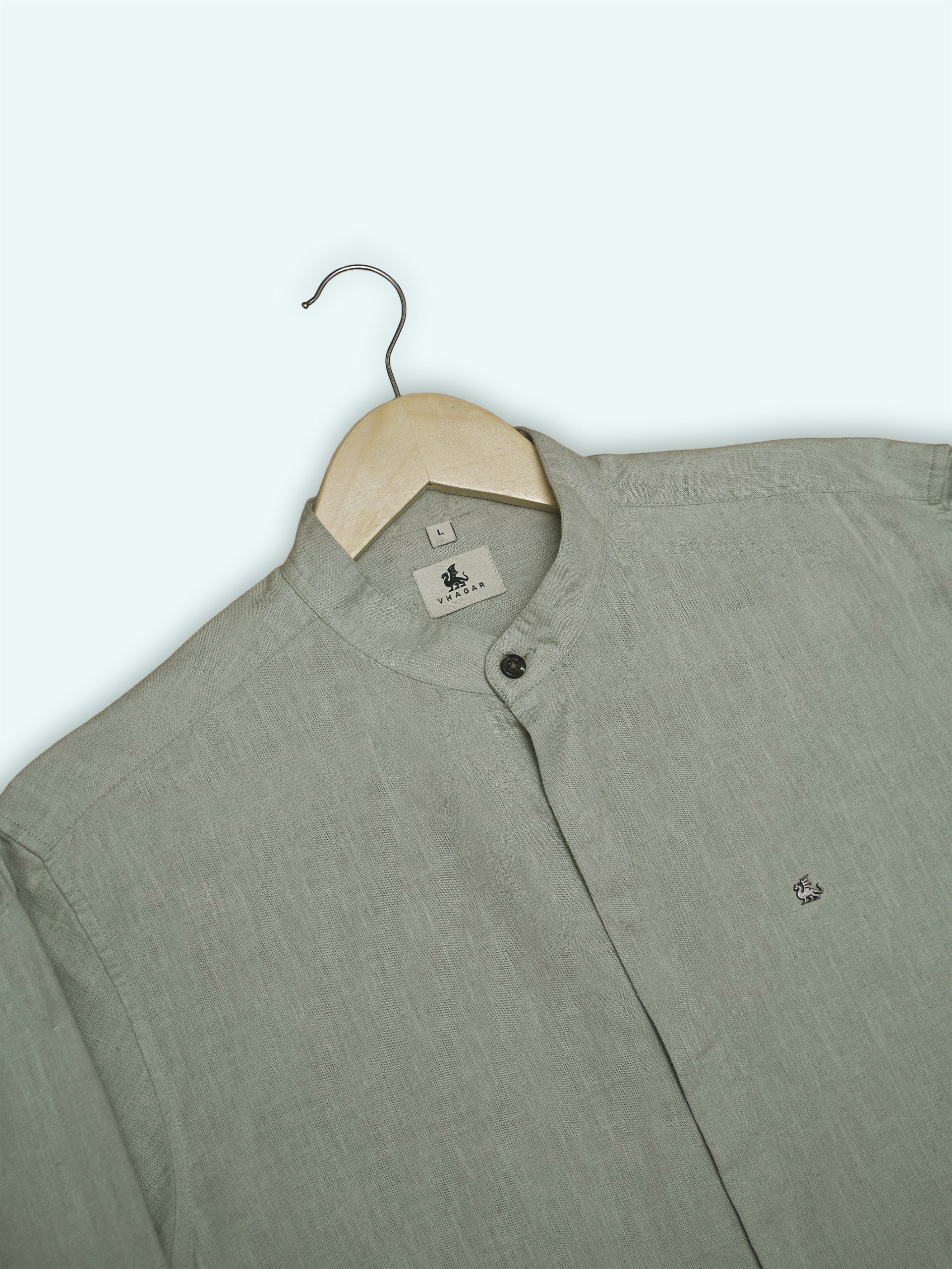 Mint Green Solid Linen Blend Mandarin Collar Shirt