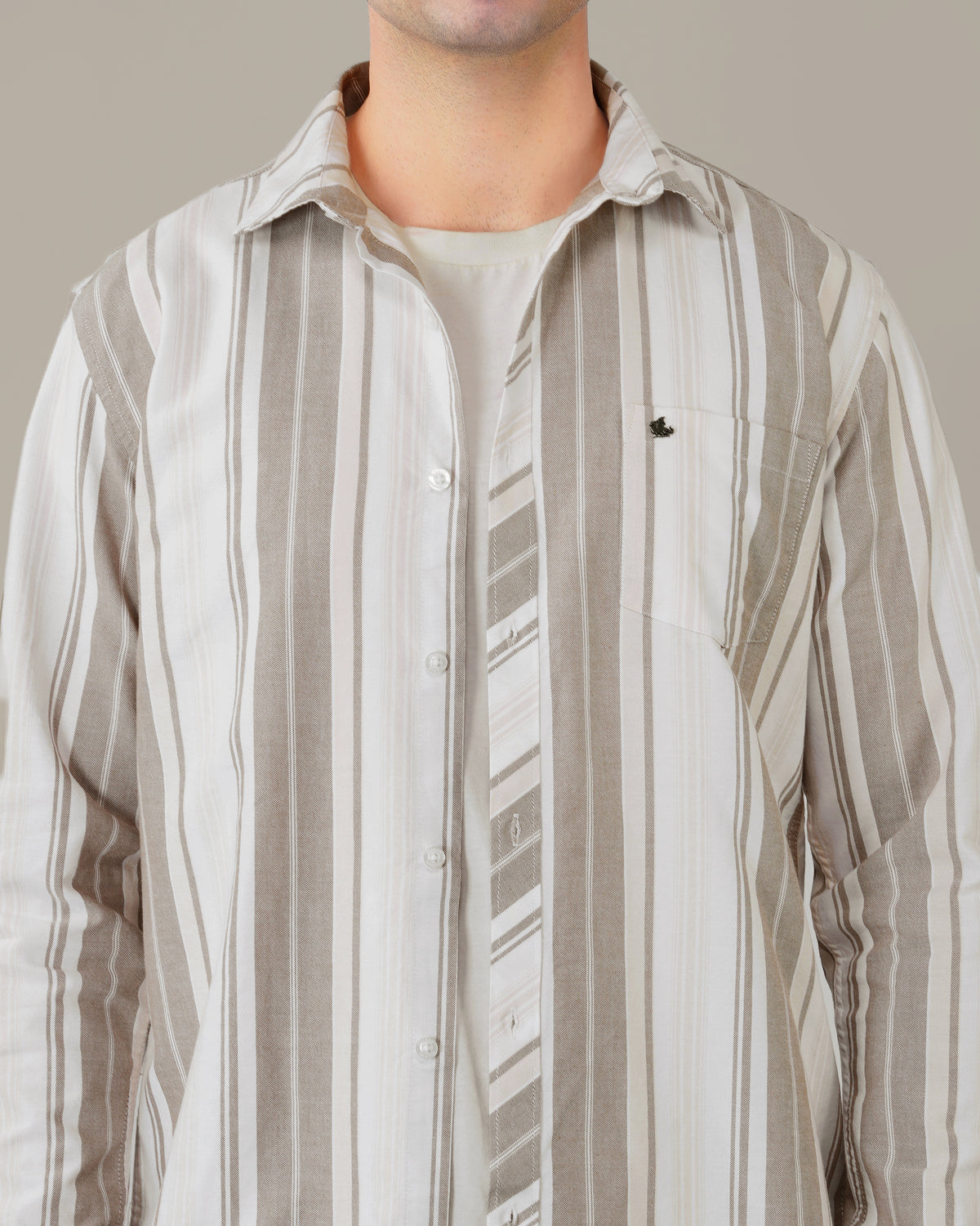 The Beige & White Stripe Shirt - Pure Cotton · Regular Fit