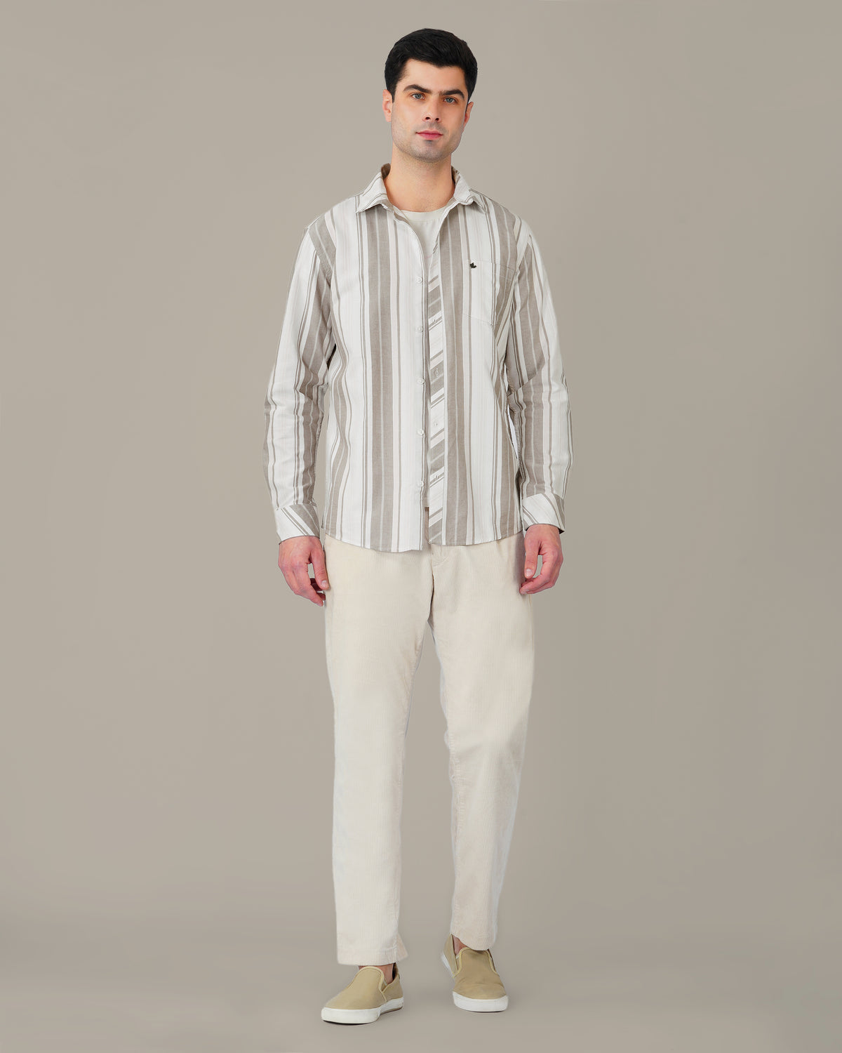 The Beige & White Stripe Shirt - Pure Cotton · Regular Fit