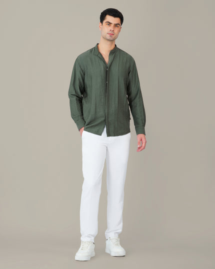 Aqua Textured Viscose-Nylon Blend Mandarin Collar Shirt