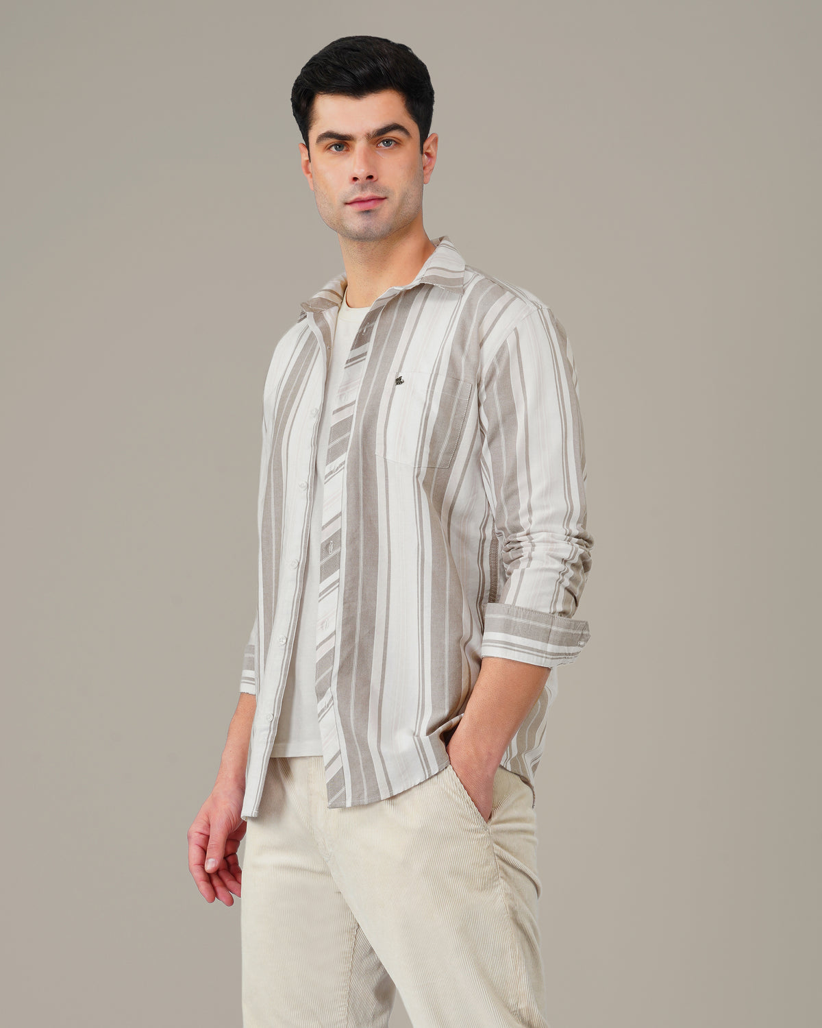 The Beige & White Stripe Shirt - Pure Cotton · Regular Fit