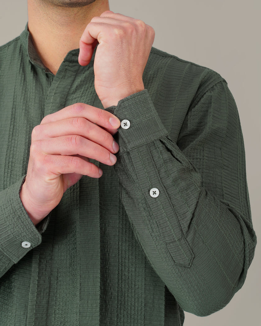 Aqua Textured Viscose-Nylon Blend Mandarin Collar Shirt