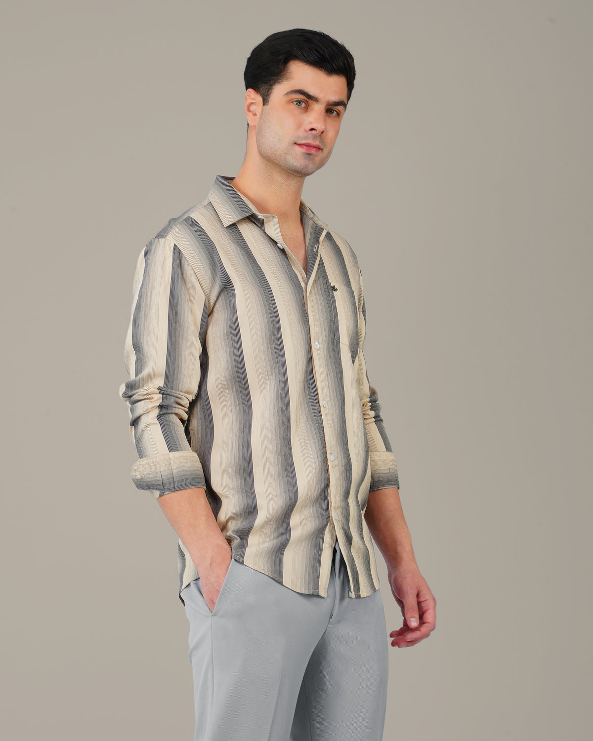 The Beige & Navy Stripe Shirt - Viscose Blend · Regular Fit