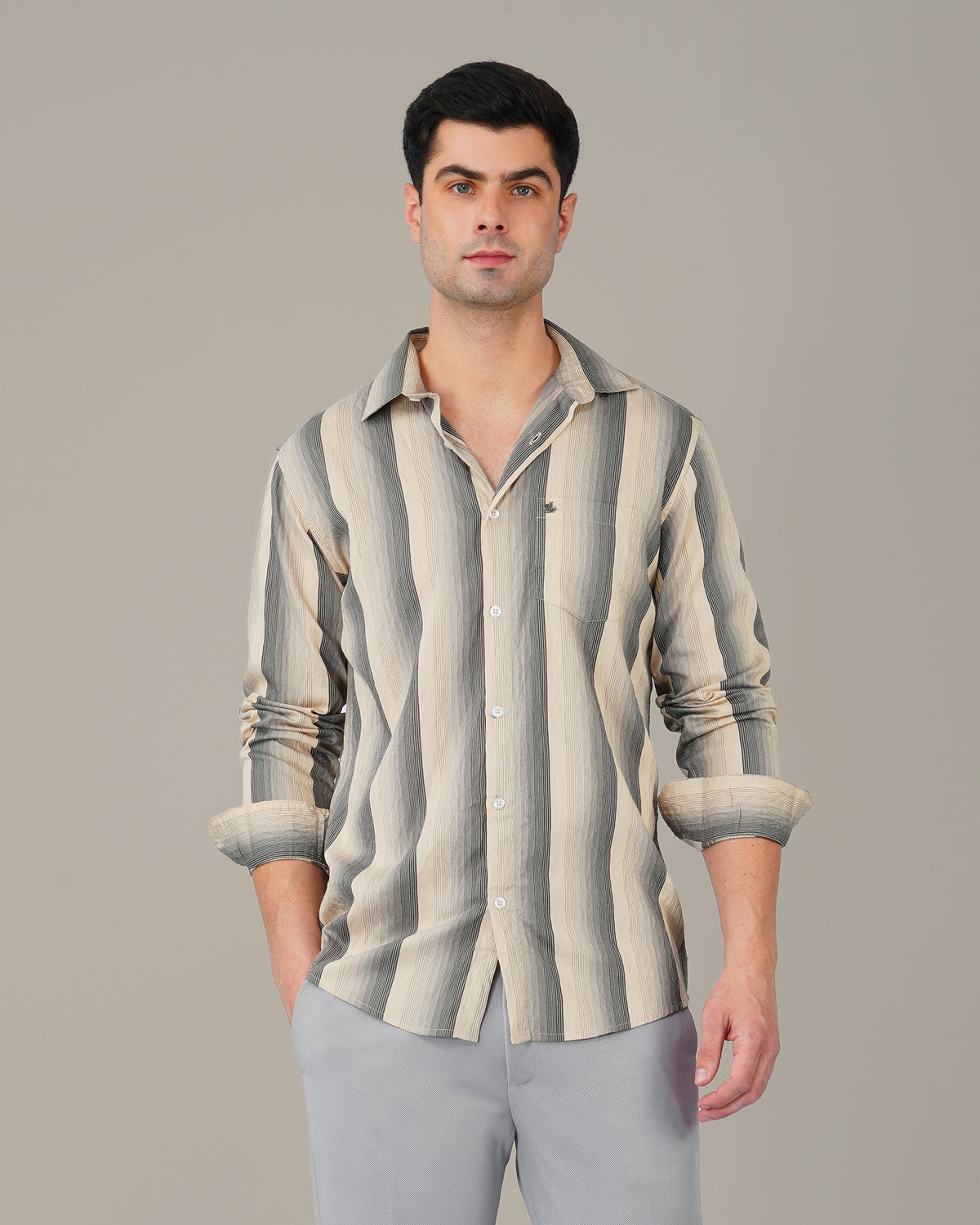 The Beige & Navy Stripe Shirt - Viscose Blend · Regular Fit