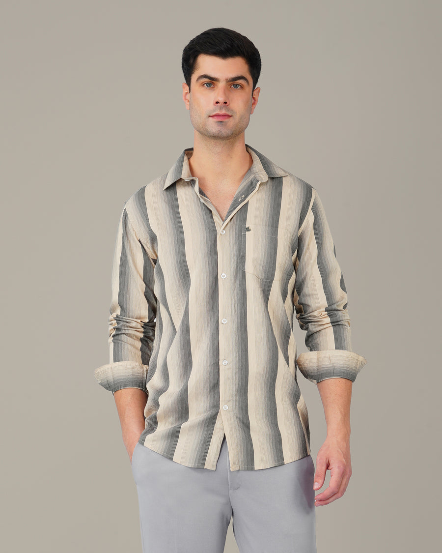 The Beige & Navy Stripe Shirt - Viscose Blend · Regular Fit