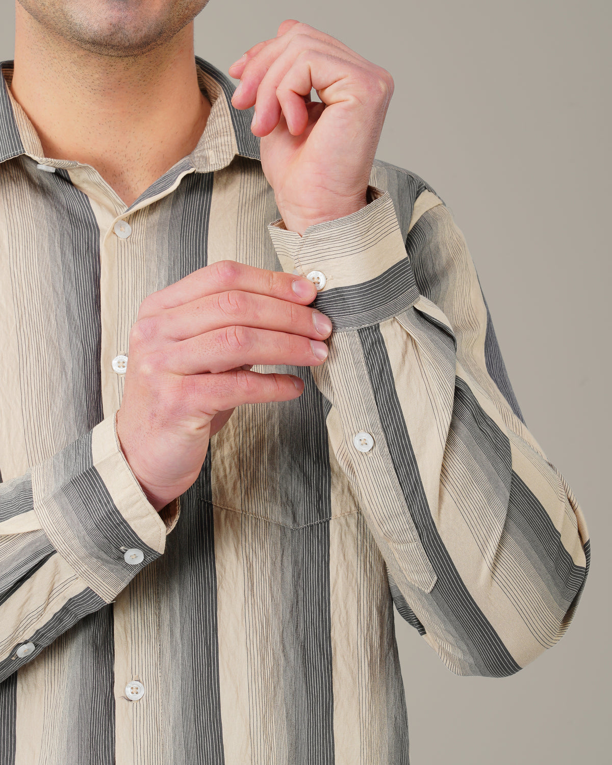 The Beige & Navy Stripe Shirt - Viscose Blend · Regular Fit