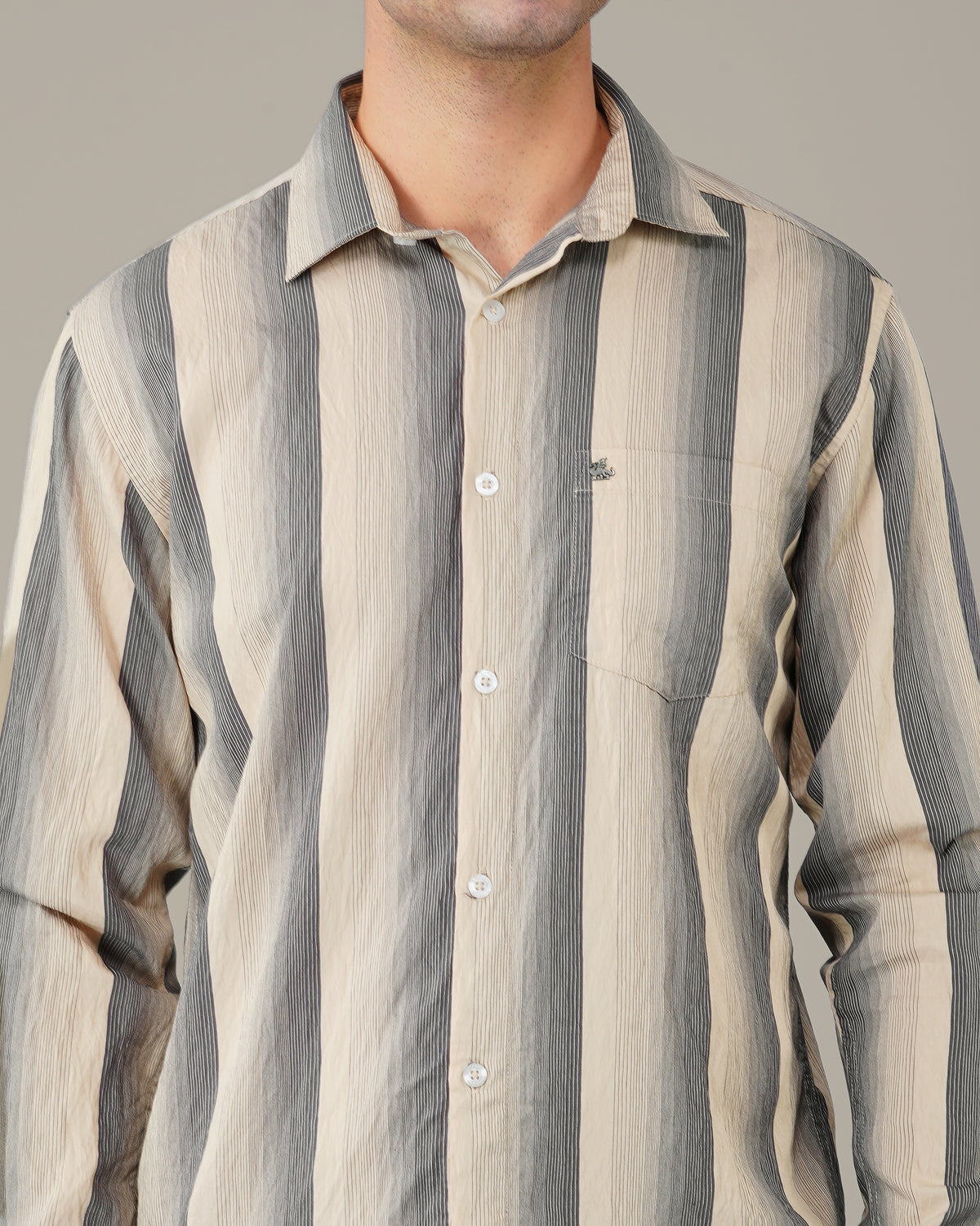 The Beige & Navy Stripe Shirt - Viscose Blend · Regular Fit