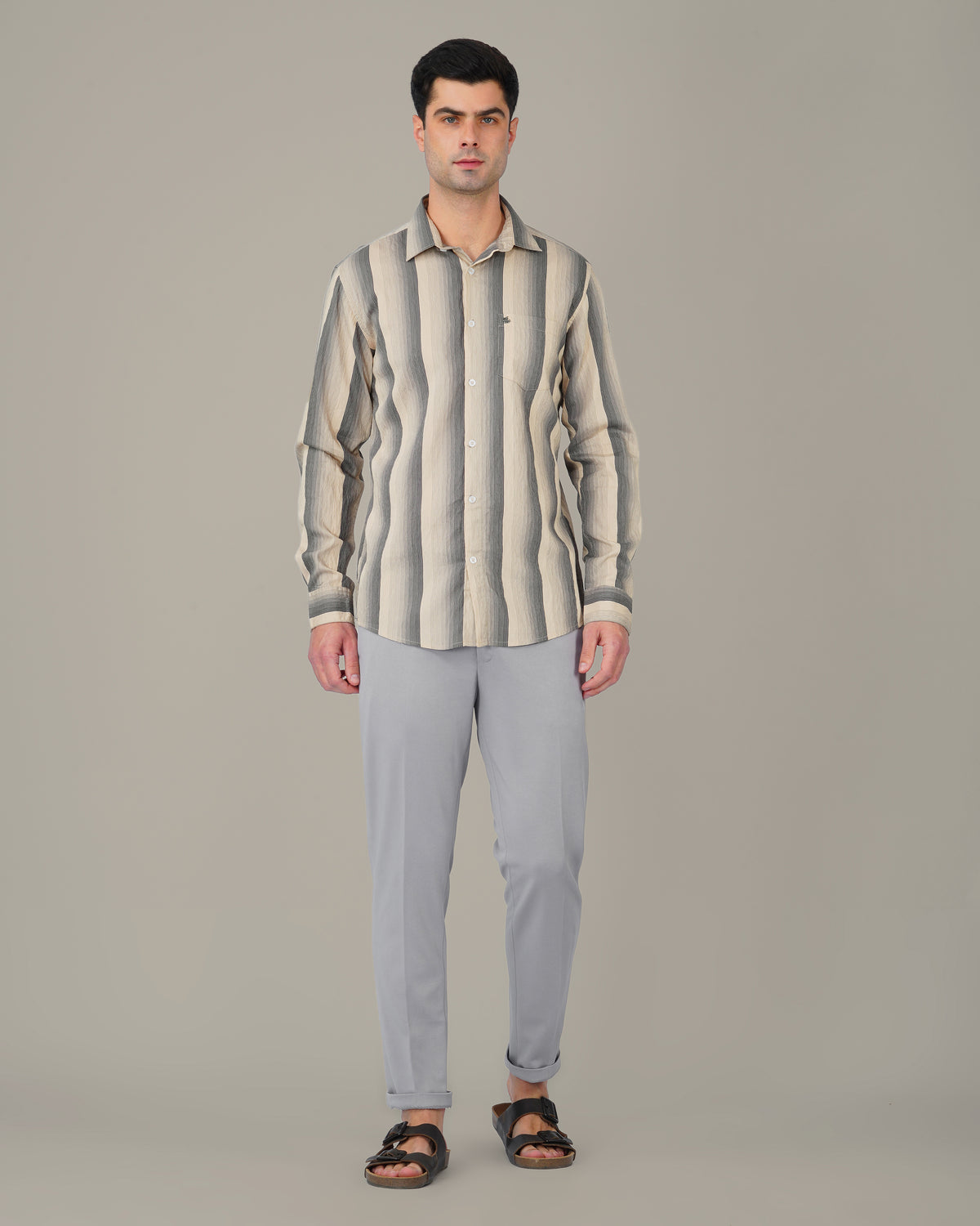 The Beige & Navy Stripe Shirt - Viscose Blend · Regular Fit