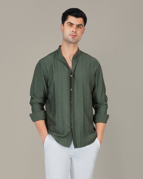 Aqua Textured Viscose-Nylon Blend Mandarin Collar Shirt