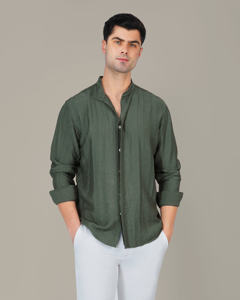 Aqua Textured Viscose-Nylon Blend Mandarin Collar Shirt