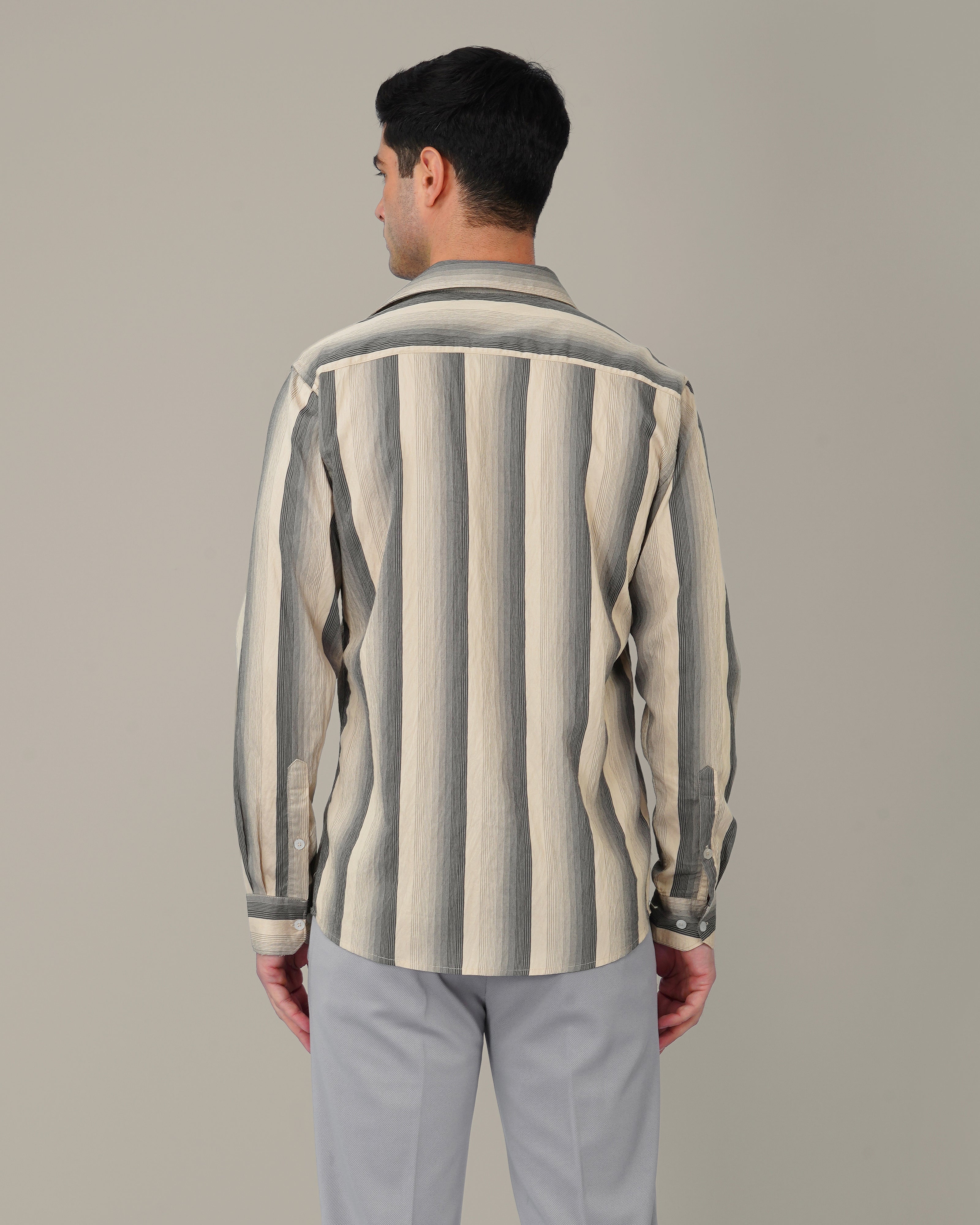 Beige and Navy Striped Viscose-Nylon Blend Button-Up Shirt