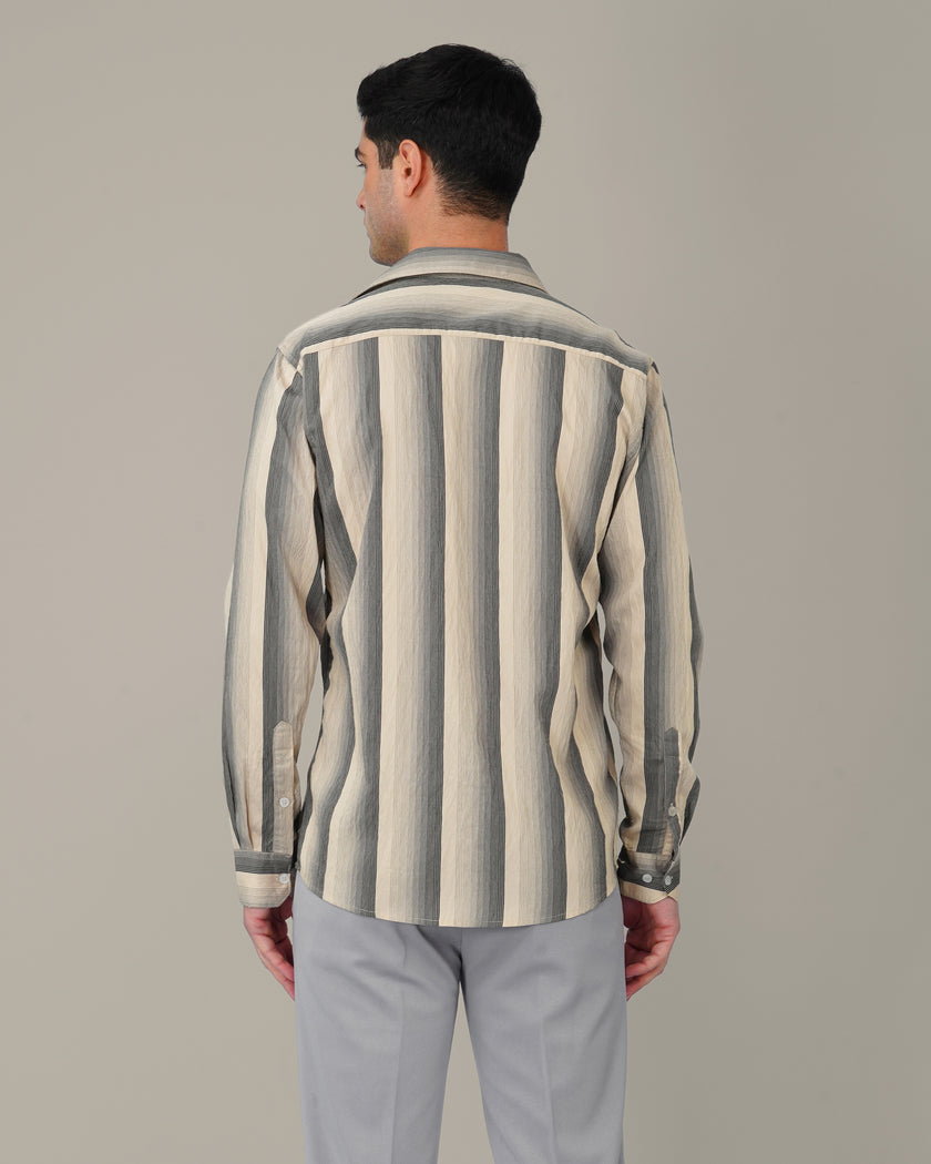Beige and Navy Striped Viscose-Nylon Blend Button-Up Shirt
