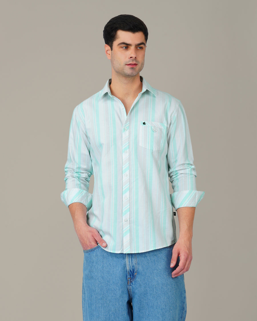 The White & Mint Stripe Shirt - Pure Cotton · Regular Fit