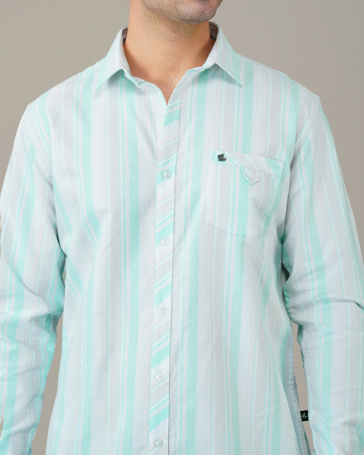 The White & Mint Stripe Shirt - Pure Cotton · Regular Fit