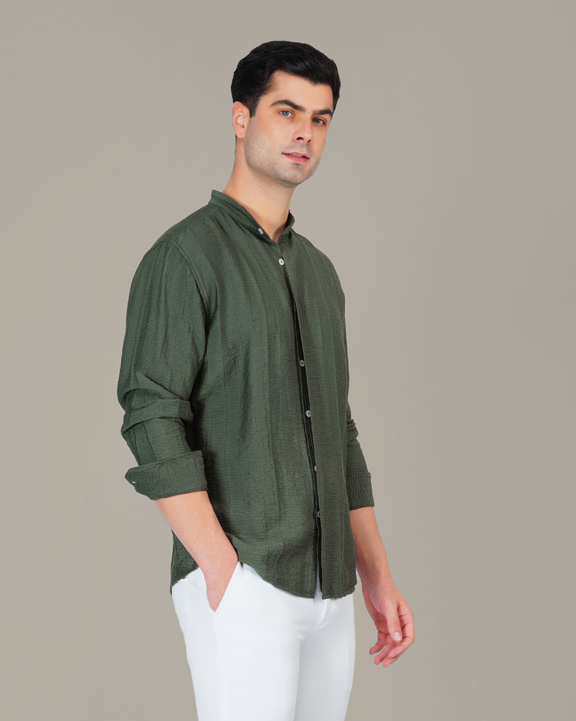 Aqua Textured Viscose-Nylon Blend Mandarin Collar Shirt