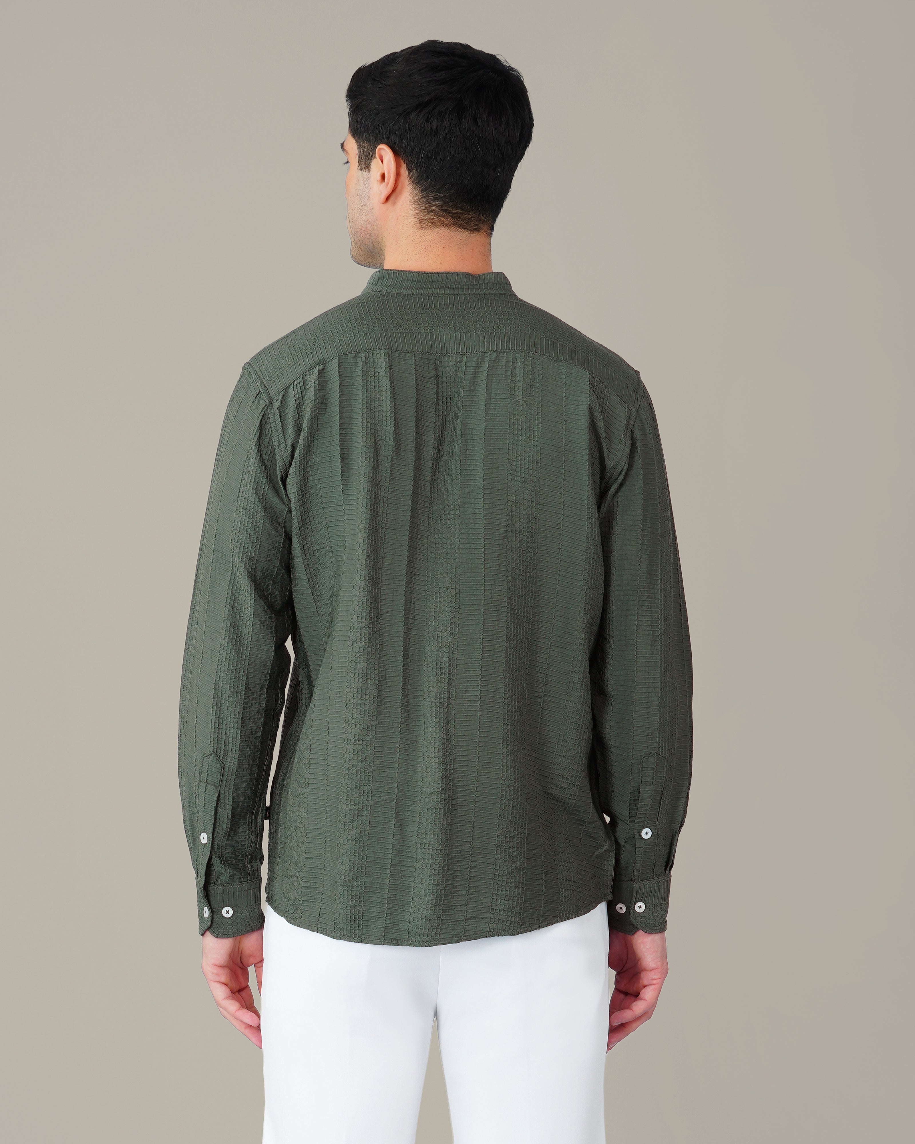 Aqua Textured Viscose-Nylon Blend Mandarin Collar Shirt