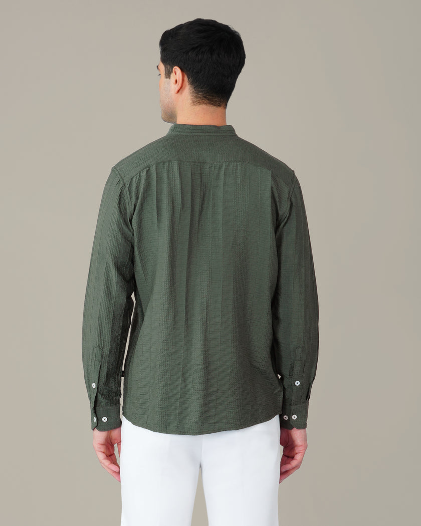 Aqua Textured Viscose-Nylon Blend Mandarin Collar Shirt