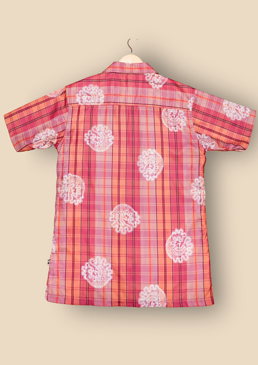 Orange Pink Plaid Polyester Regular Fit Shirt