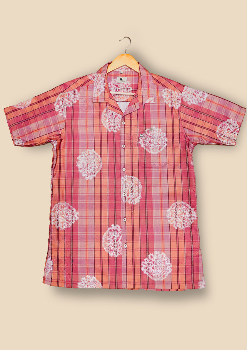 Orange Pink Plaid Polyester Regular Fit Shirt