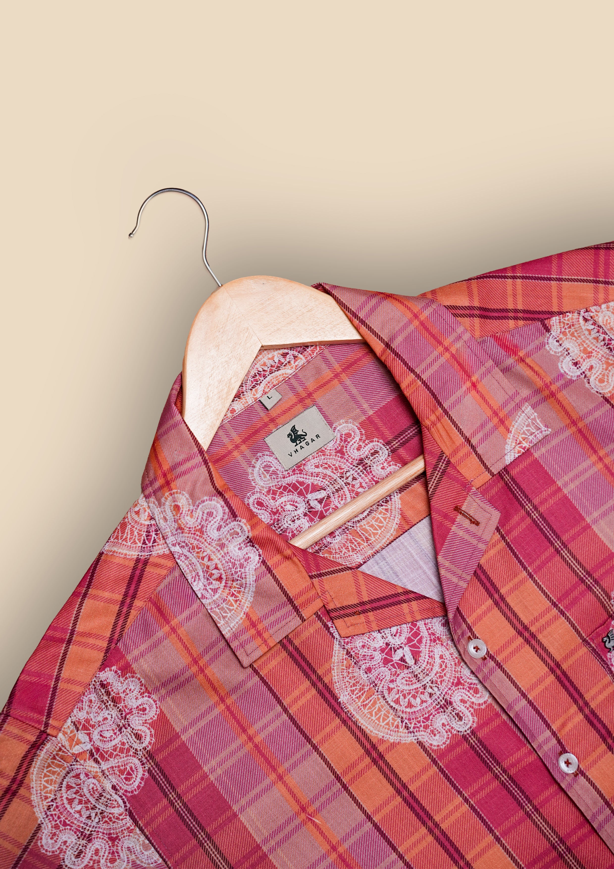 Orange Pink Plaid Polyester Regular Fit Shirt